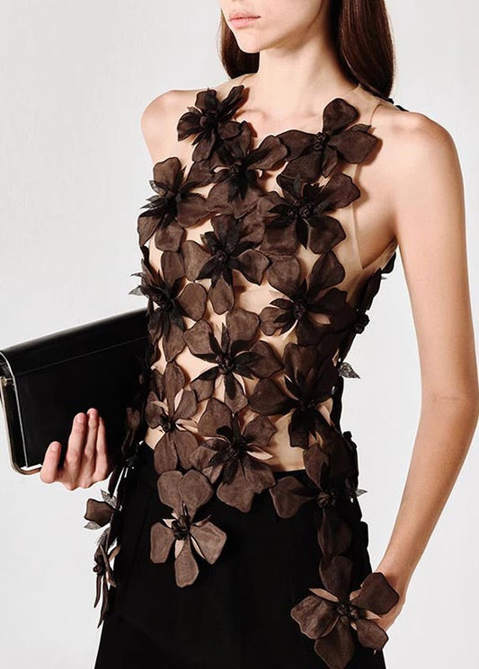 Beautiful Black Floral Decorated Tulle Tops Sleeveless