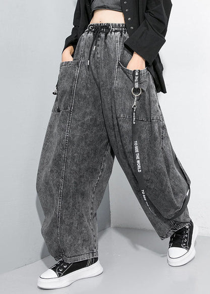 Schöne Schwarz Grau Cinched Patchwork denim Hosen Hosen Frühling