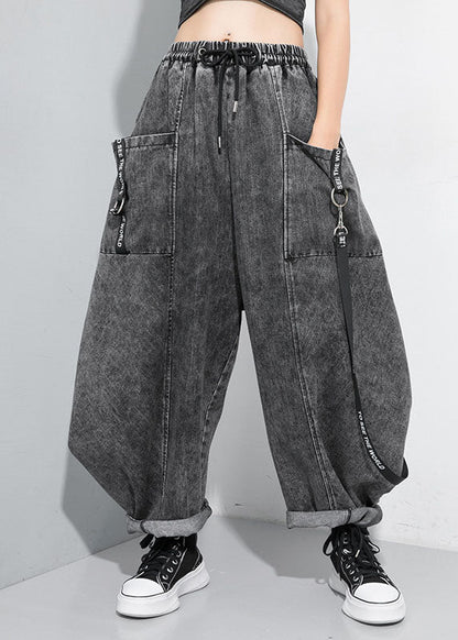 Schöne Schwarz Grau Cinched Patchwork denim Hosen Hosen Frühling