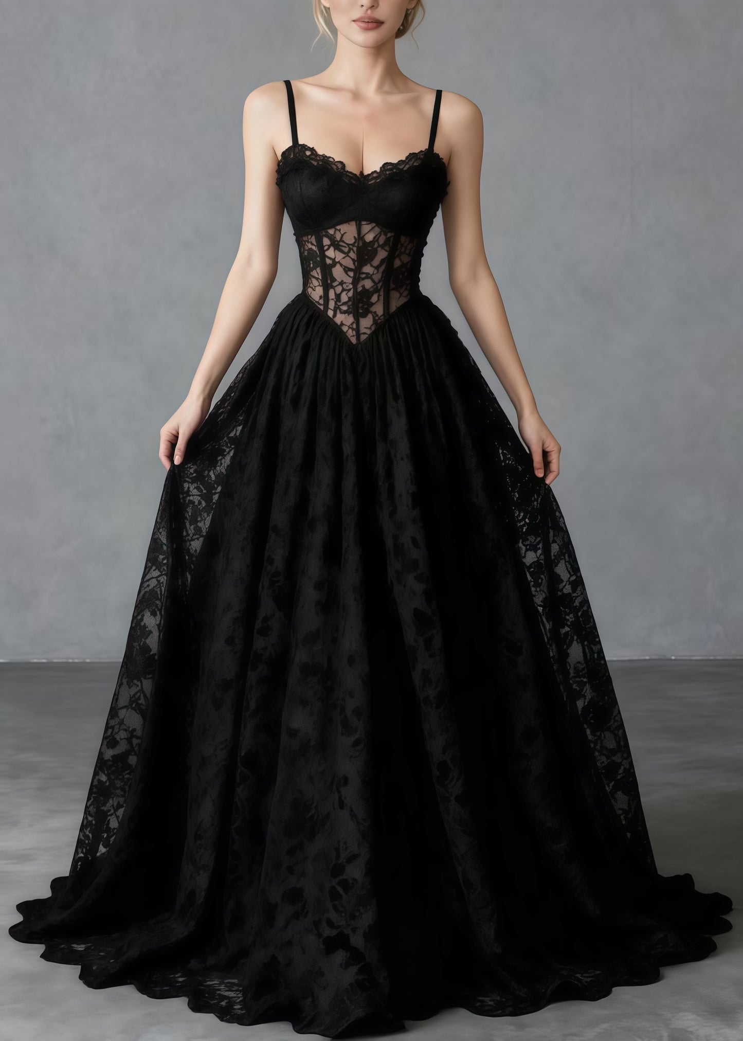 Beautiful Black Hollow Out Exra Large Hem Lace Cami Dresses Summer