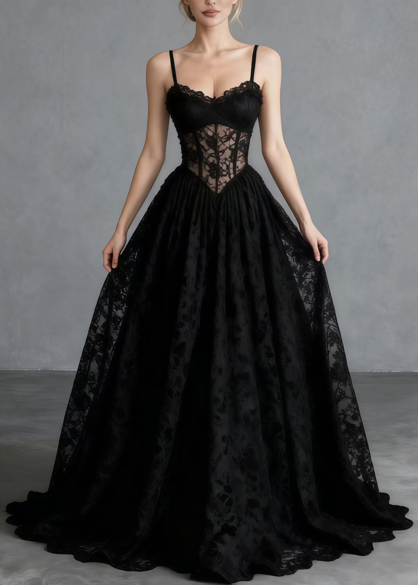 Beautiful Black Hollow Out Exra Large Hem Lace Cami Dresses Summer