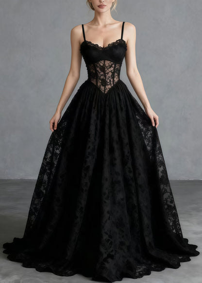 Beautiful Black Hollow Out Exra Large Hem Lace Cami Dresses Summer