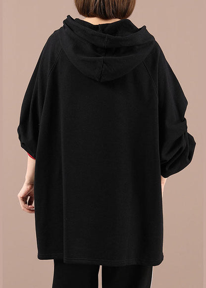 Schönes schwarzes, besticktes Sweatshirt-Oberteil mit Kordelzug und Kapuze