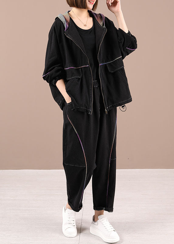 2021 Loose Casual Hooded Zippered Fall Two Pieces Set