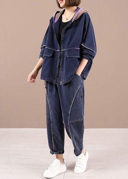 2021 Loose Casual Hooded Zippered Fall Two Pieces Set