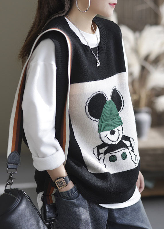 Schöne schwarze O-Ausschnitt Tier Strickweste ärmellos