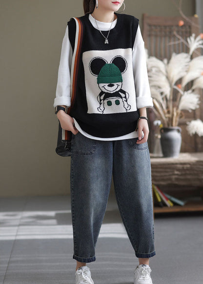 Schöne schwarze O-Ausschnitt Tier Strickweste ärmellos