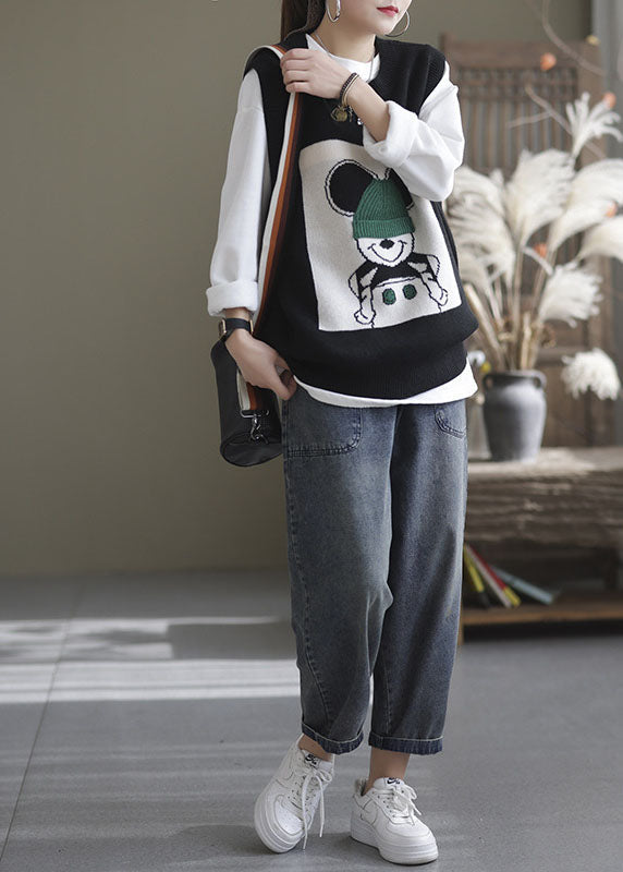 Schöne schwarze O-Ausschnitt Tier Strickweste ärmellos