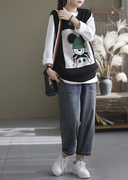 Schöne schwarze O-Ausschnitt Tier Strickweste ärmellos