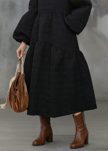 Beautiful Black O Neck Pockets Patchwork Fine Cotton Filled Dress Winter