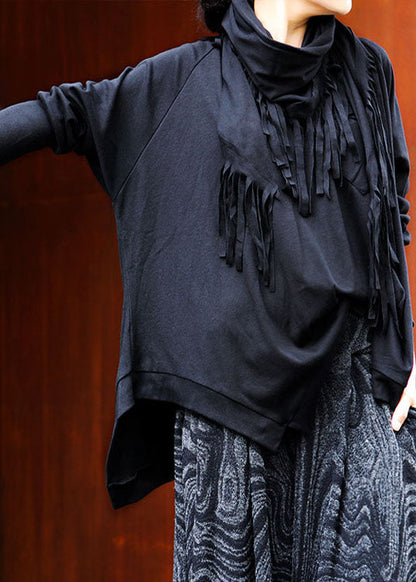 Schöne schwarze O-Ausschnitt Quaste asymmetrisches Design Frühling Tops Langarm