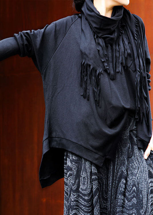 Schöne schwarze O-Ausschnitt Quaste asymmetrisches Design Frühling Tops Langarm
