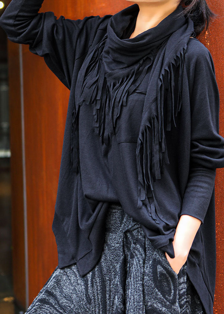 Schöne schwarze O-Ausschnitt Quaste asymmetrisches Design Frühling Tops Langarm