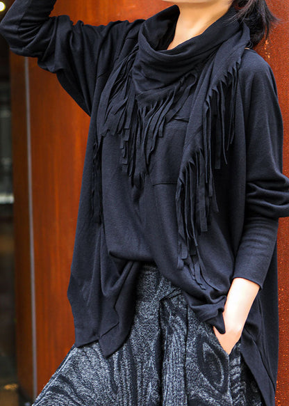 Schöne schwarze O-Ausschnitt Quaste asymmetrisches Design Frühling Tops Langarm