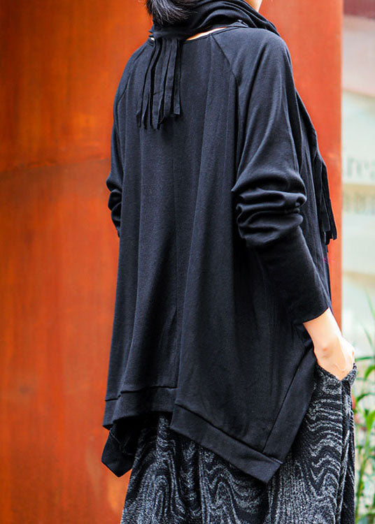 Schöne schwarze O-Ausschnitt Quaste asymmetrisches Design Frühling Tops Langarm