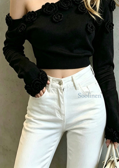 Beautiful Black One Shoulder Sculptural Floral Knit Short Sweater Fall