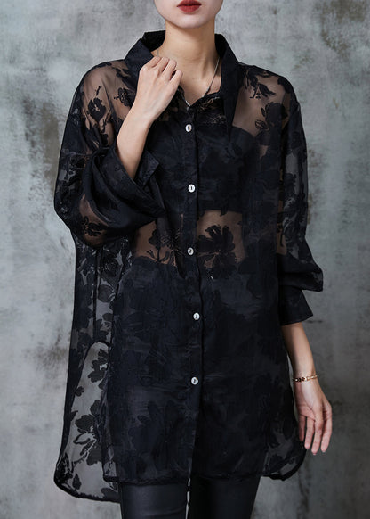 Wunderschönes schwarzes Oversize-Jacquard-Tüll-Shirt mit UPF 50+ für den Sommer