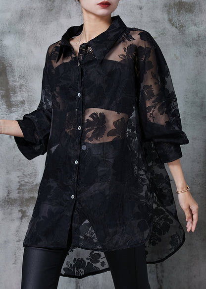 Wunderschönes schwarzes Oversize-Jacquard-Tüll-Shirt mit UPF 50+ für den Sommer