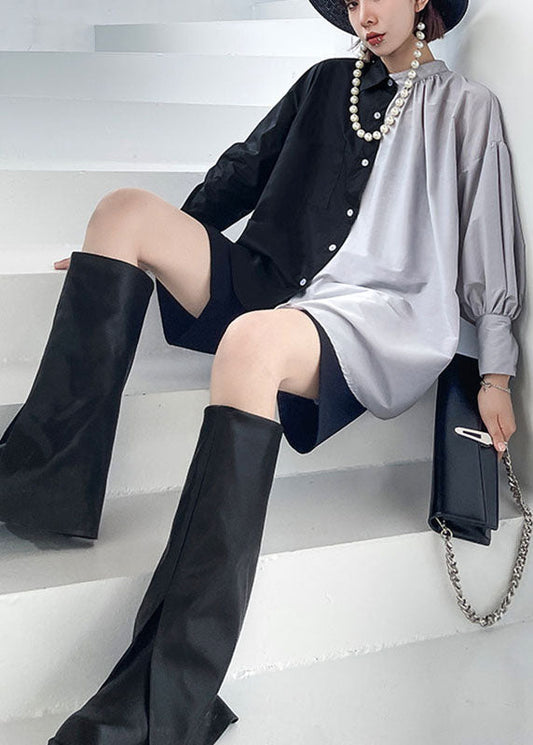 Wunderschönes schwarzes Patchwork-Knopf-Asymmetrisches Design Herbst Langarm Shirt Top