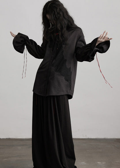 Hermosas blusas negras de seda con cuello Peter Pan y cordón ajustable para primavera.