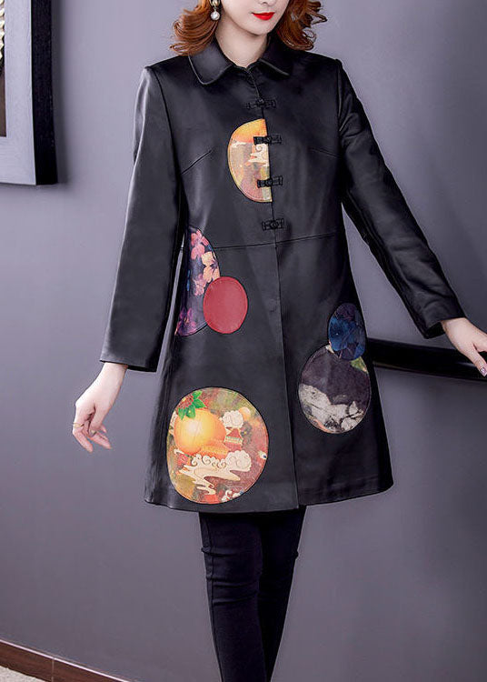Schöne Schwarze Peter Pan Kragen Patchwork Print Kunstleder Trenchcoat Frühling