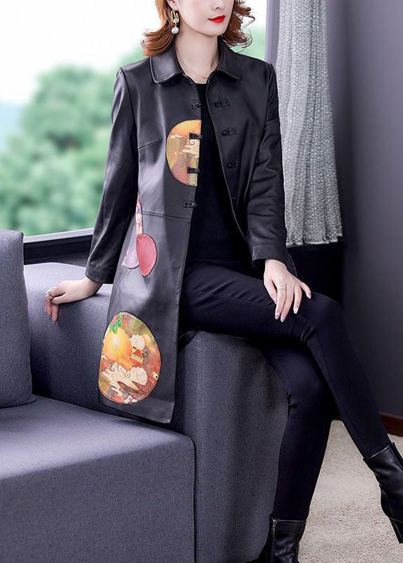 Schöne Schwarze Peter Pan Kragen Patchwork Print Kunstleder Trenchcoat Frühling