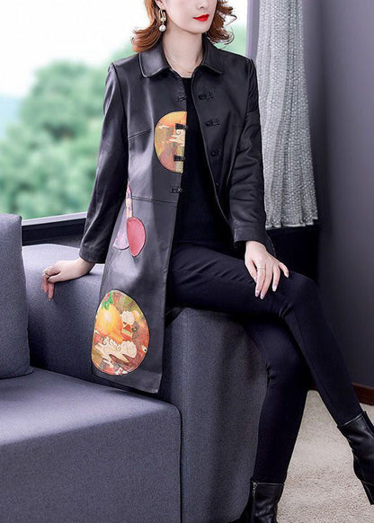 Schöne Schwarze Peter Pan Kragen Patchwork Print Kunstleder Trenchcoat Frühling