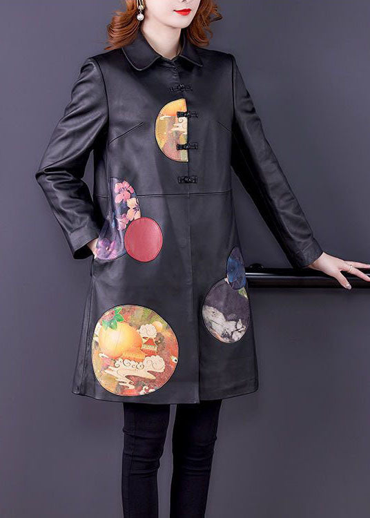 Schöne Schwarze Peter Pan Kragen Patchwork Print Kunstleder Trenchcoat Frühling