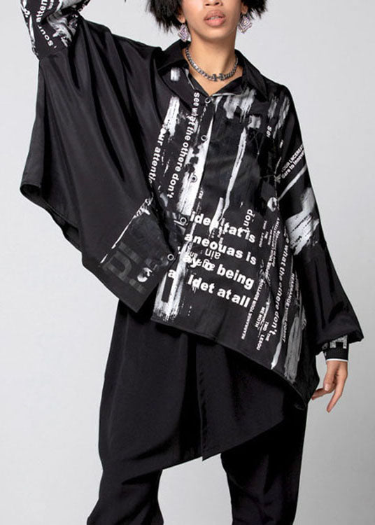 Beautiful Black Peter Pan Collar Print Cotton Shirts Spring