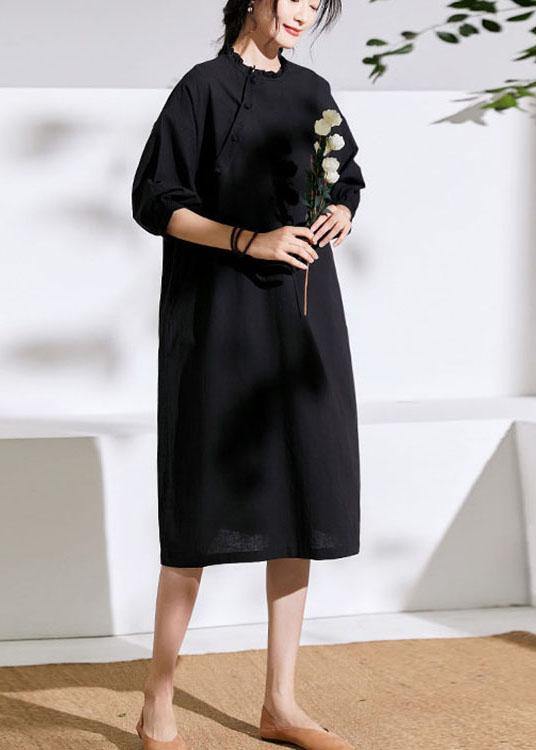 Beautiful Black Pockets Button Summer Linen Maxi Dresses Half Sleeve - SooLinen