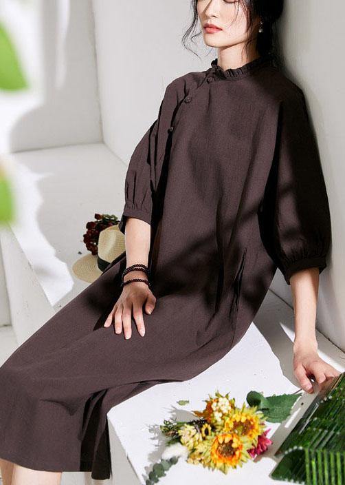 Beautiful Black Pockets Button Summer Linen Maxi Dresses Half Sleeve - SooLinen