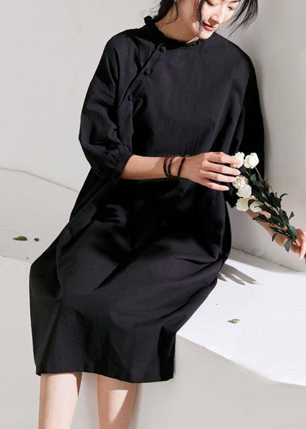 Beautiful Black Pockets Button Summer Linen Maxi Dresses Half Sleeve - SooLinen