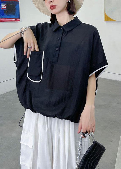 Beautiful Black Pockets Peter Pan Collar Button Cotton Top Summer - SooLinen
