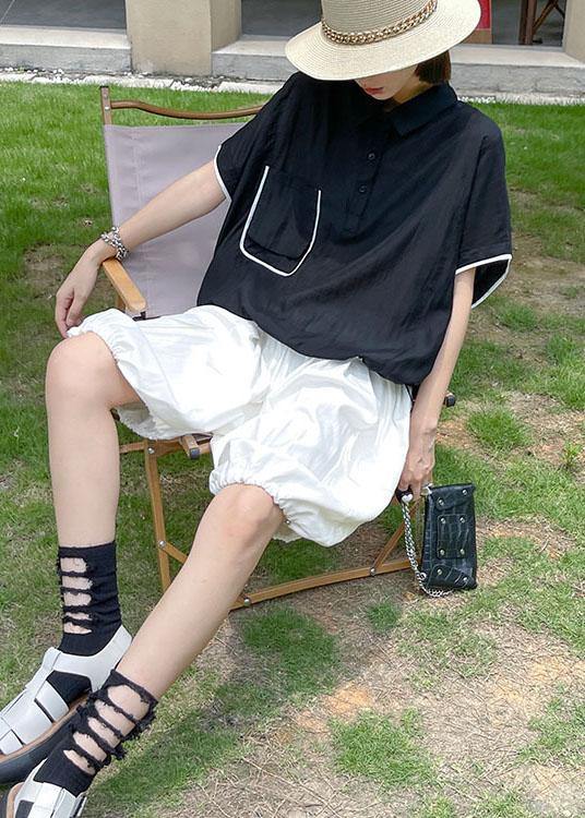 Beautiful Black Pockets Peter Pan Collar Button Cotton Top Summer - SooLinen