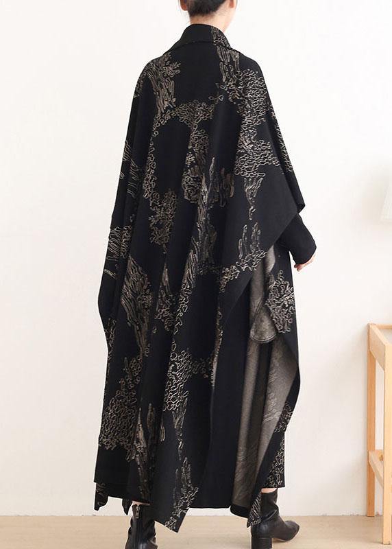 Beautiful Black Print Peter Pan Collar Button Long Trench coats - SooLinen