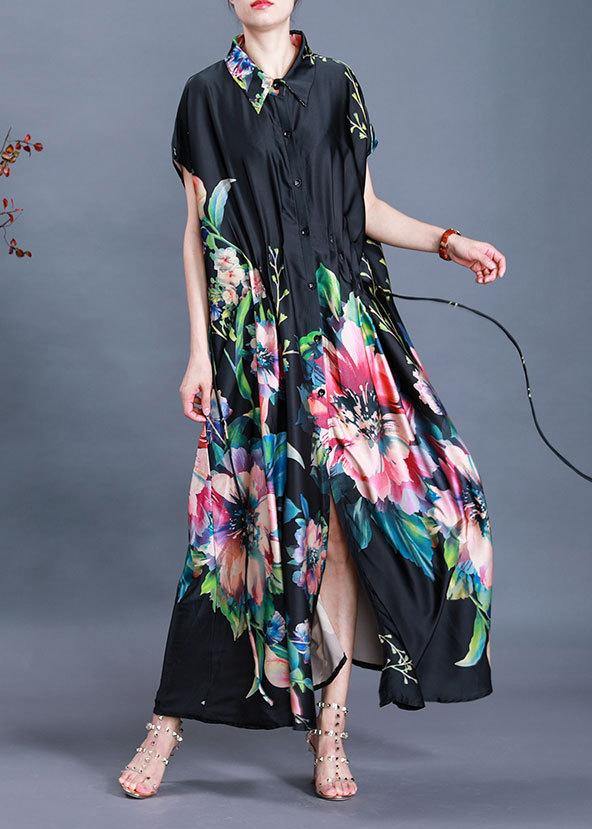 Beautiful Black Print tie waist Maxi Coat Summer - SooLinen