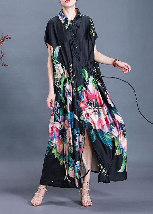 Beautiful Black Print tie waist Maxi Coat Summer - SooLinen
