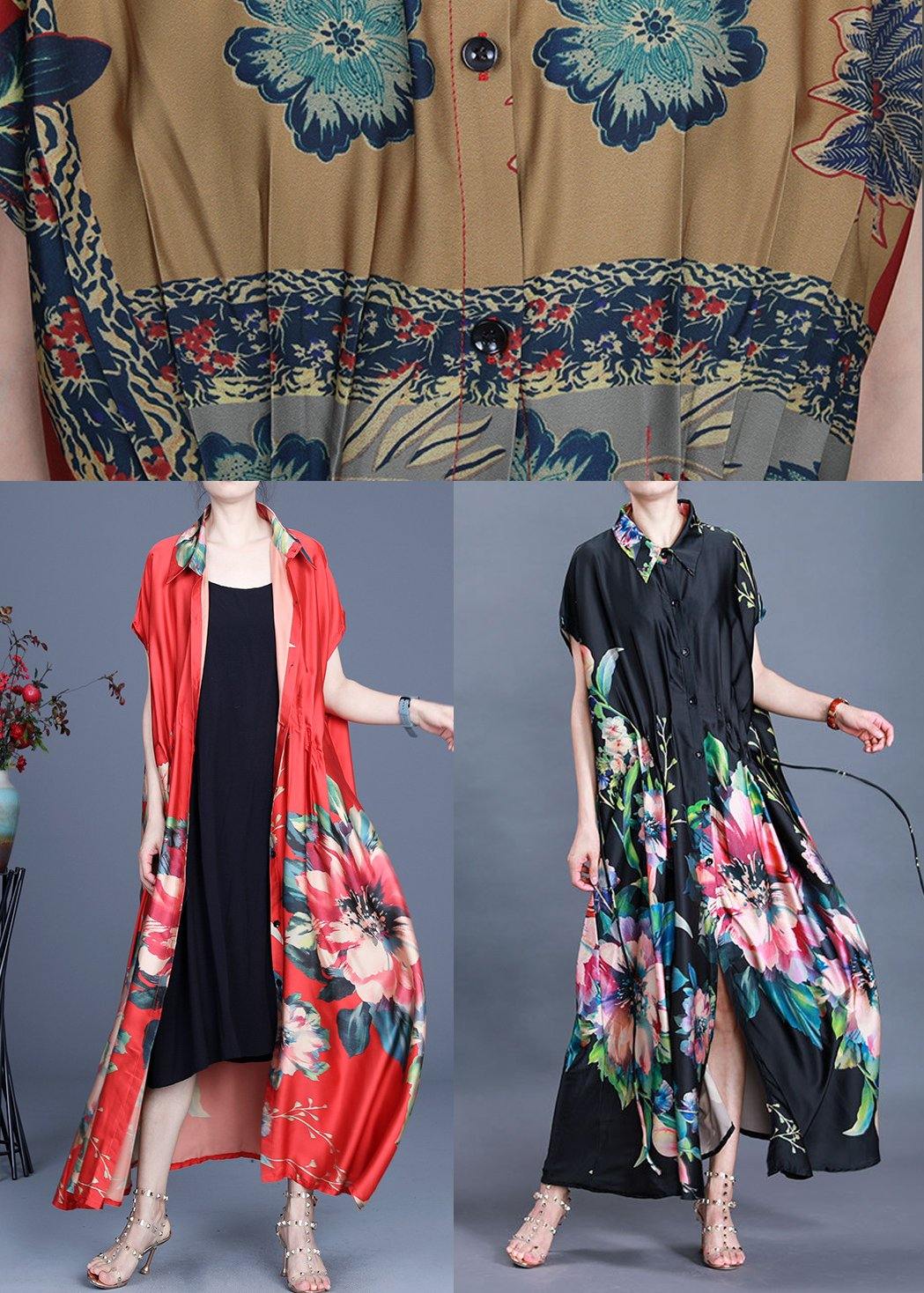 Beautiful Black Print tie waist Maxi Coat Summer - SooLinen