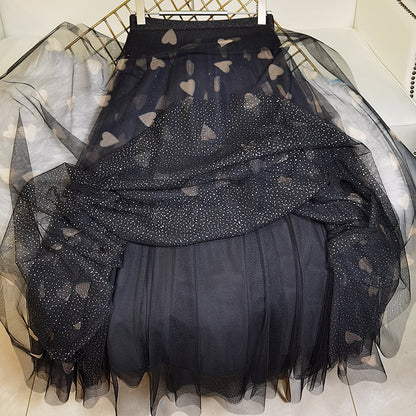Schöne Schwarz Print Tüll Pailletten A Linie Röcke Sommer