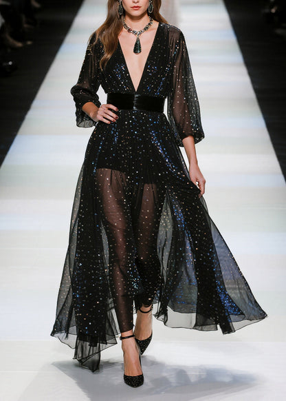 Beautiful Black Sequins Tunic Tulle Sheer Dresses Summer