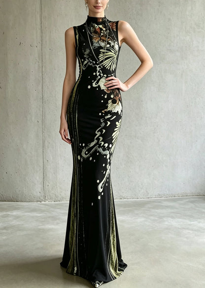 Beautiful Black Stand Collar Print Long Dress Two Piece Set Summer