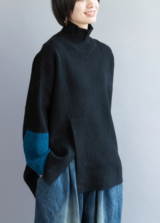 Schöne Schwarze Rollkragen Patchwork Strickpullover Frühling