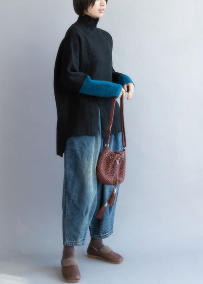 Schöne Schwarze Rollkragen Patchwork Strickpullover Frühling