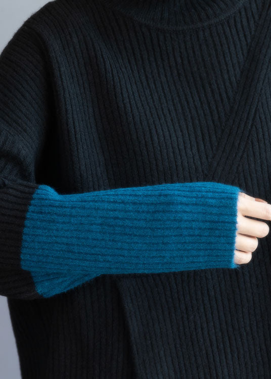 Schöne Schwarze Rollkragen Patchwork Strickpullover Frühling