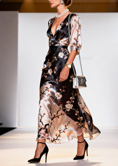 Beautiful Black V Neck Print Silk Long Dresses Summer