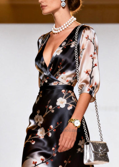 Beautiful Black V Neck Print Silk Long Dresses Summer