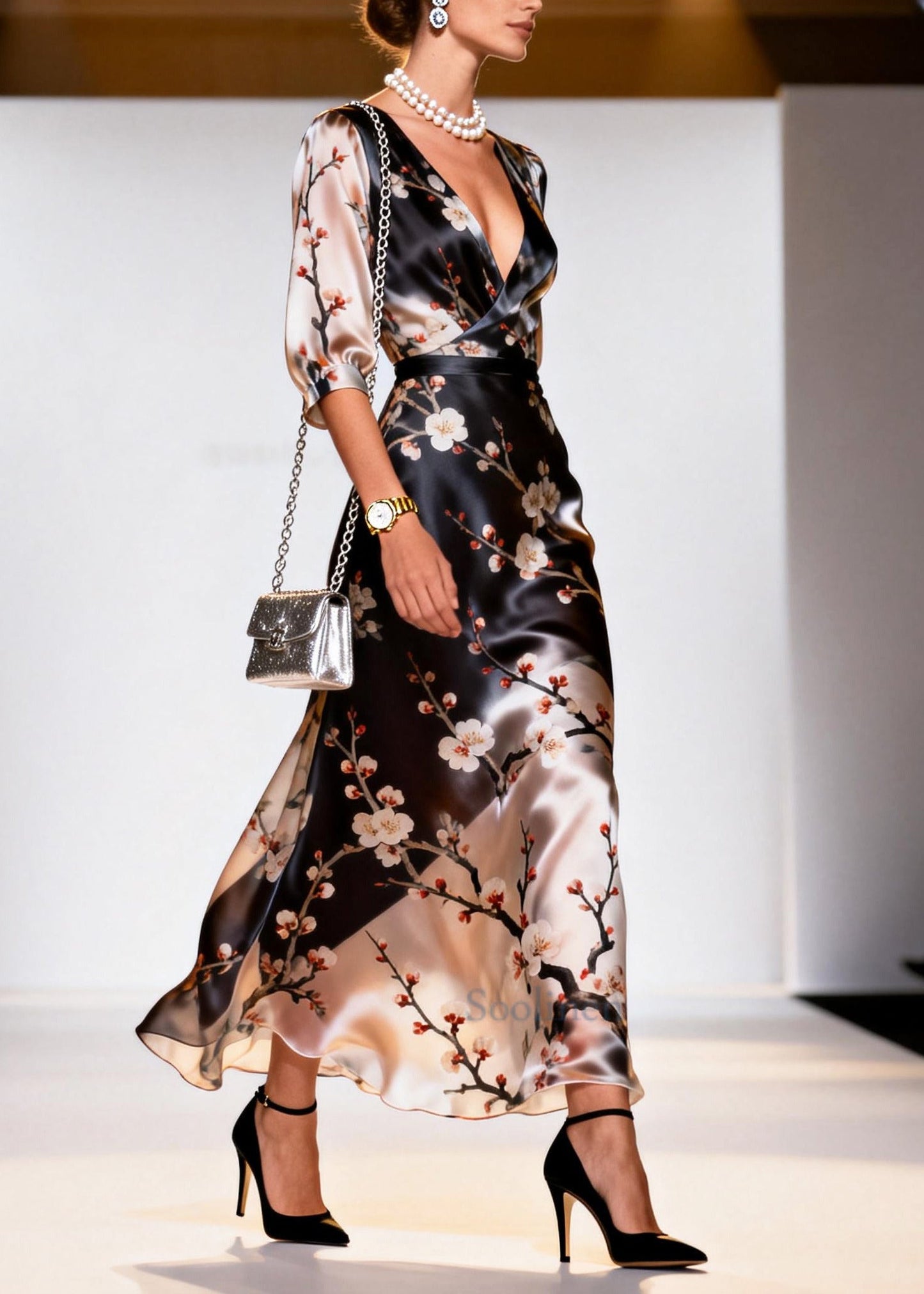 Beautiful Black V Neck Print Silk Long Dresses Summer