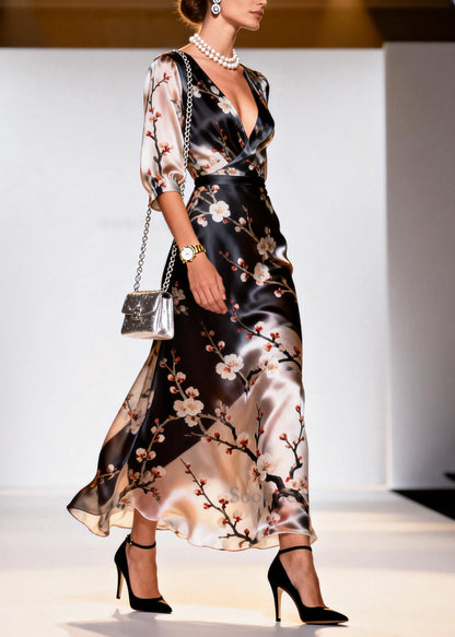 Beautiful Black V Neck Print Silk Long Dresses Summer