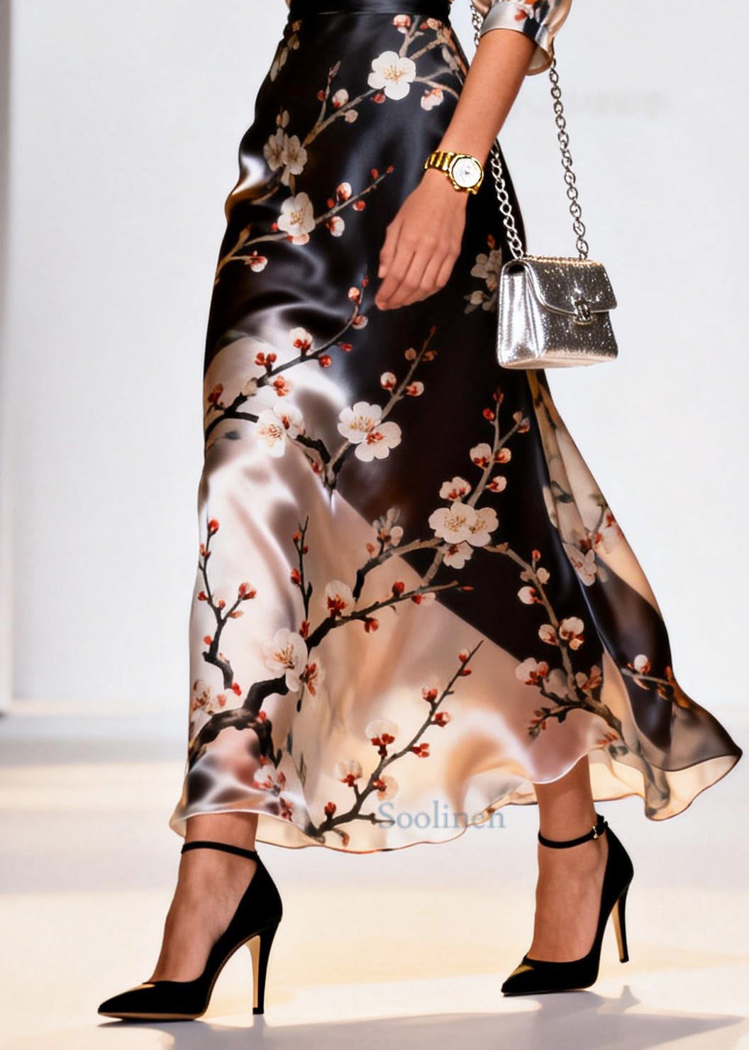Beautiful Black V Neck Print Silk Long Dresses Summer