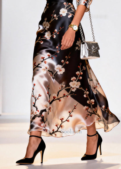 Beautiful Black V Neck Print Silk Long Dresses Summer